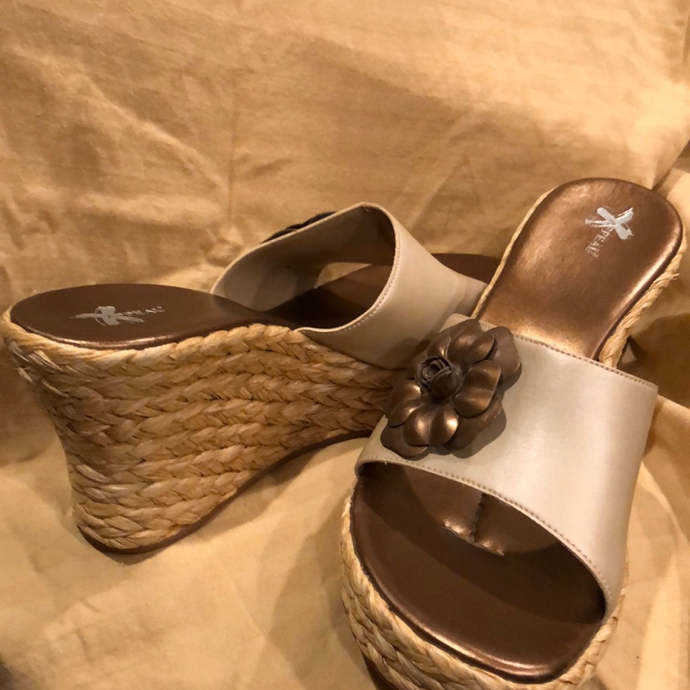 Gold & Bronze tweed wrapped wedge platform sandals